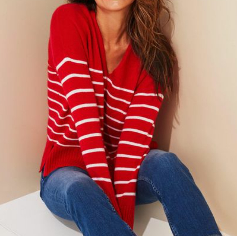 NWT Vineyard Vines Red Lofty Striped Cashmere V-neck Sweater Top Sz XS